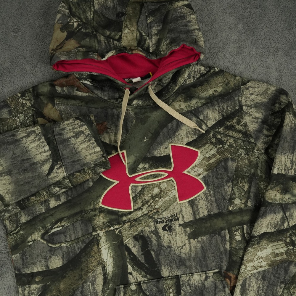 Under Armour Hoodie Womens Medium Mossy Oak Treestand Camo Pink Logo Loose Fit